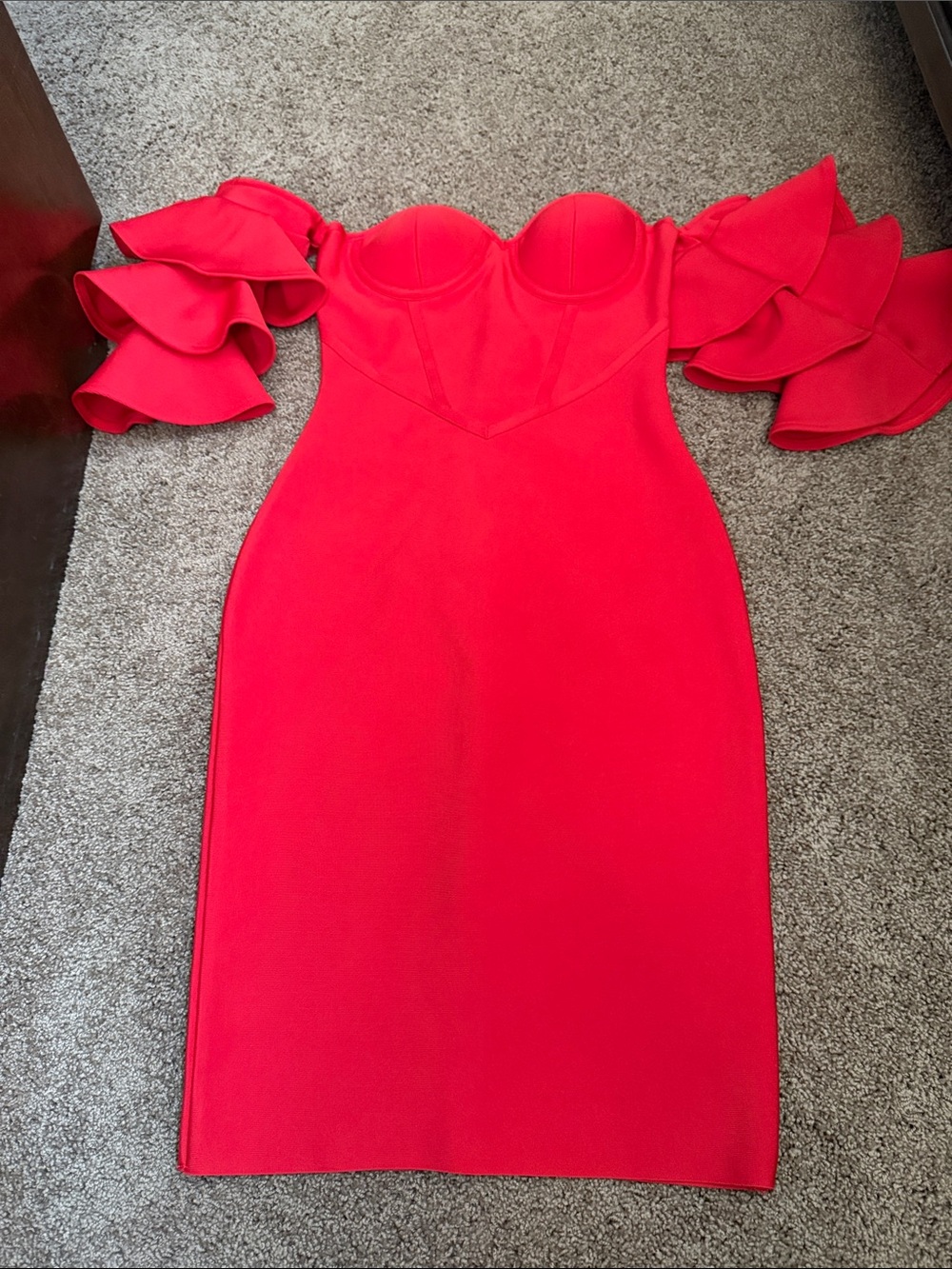 Red Off-Shoulder Ruffle Sleeve Bodycon Dress - Picture 2 of 10